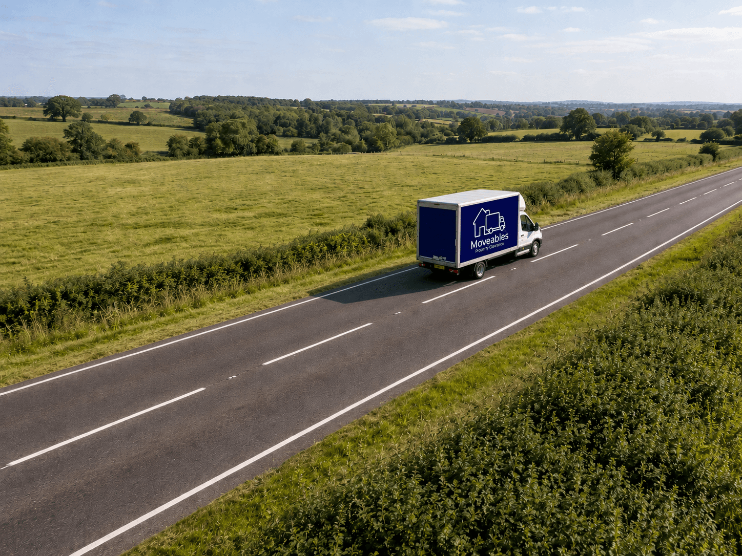 Moveables van driving along a country road through the Sussex countryside