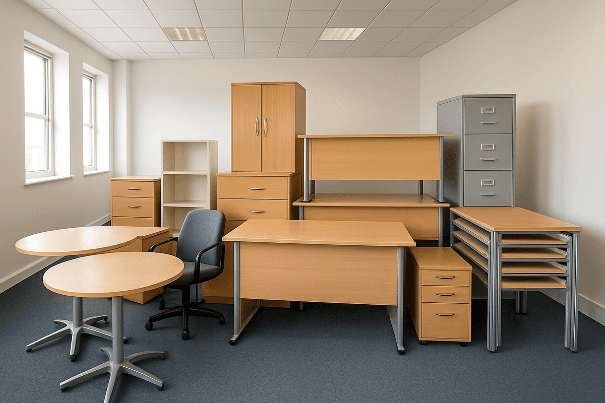 Office furniture including desks, chairs and filing cabinets ready for clearance