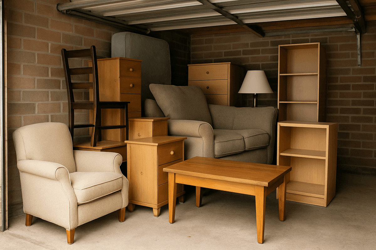 Furniture and items stored inside a garage awaiting clearance