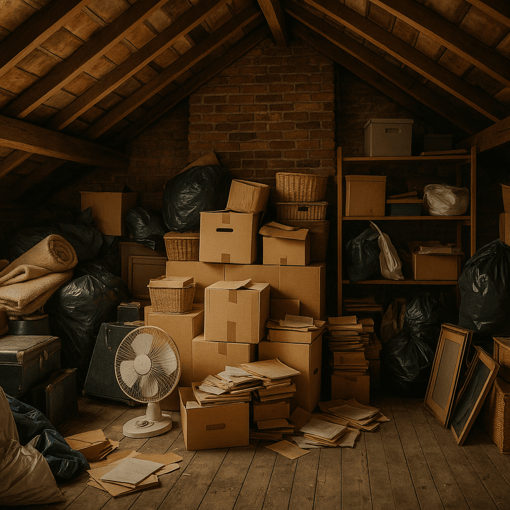 Cluttered loft full of boxes and stored items before clearance